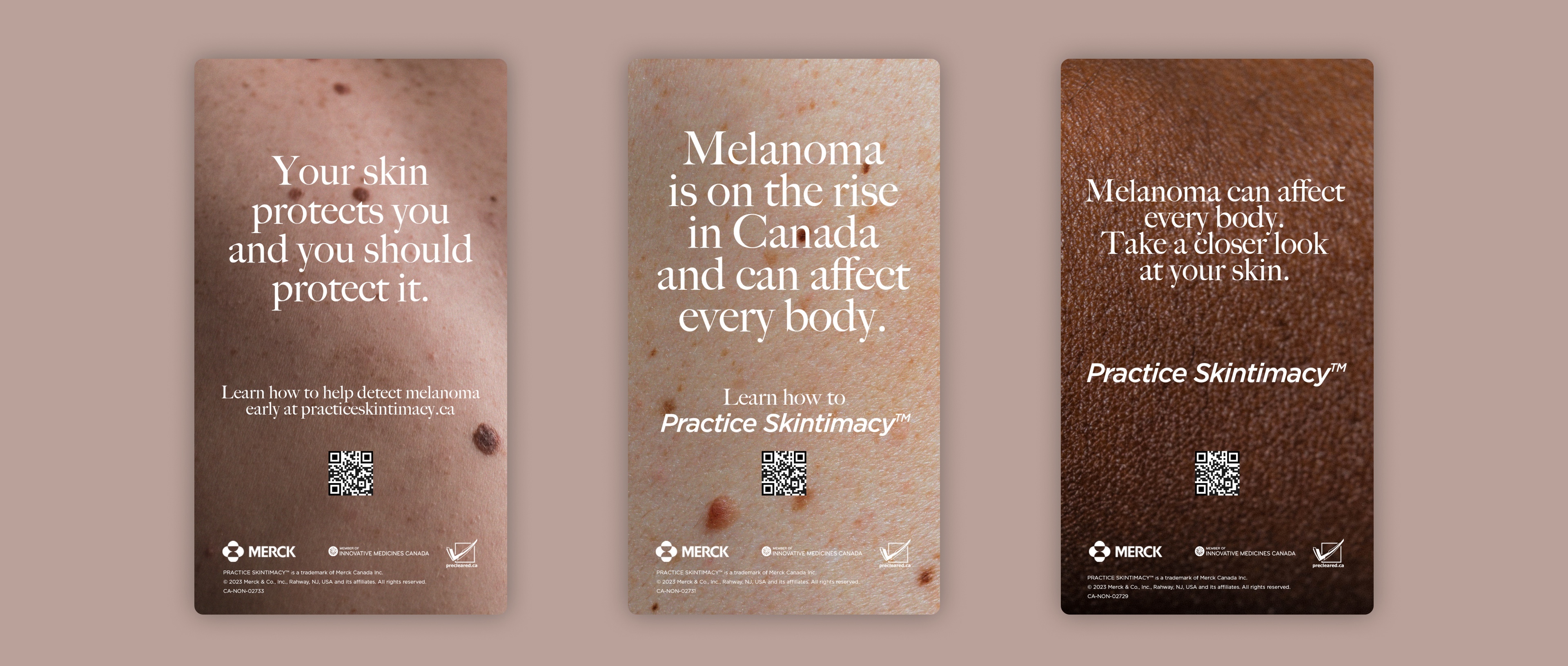 Practice Skintimacy campaign visuals playing on the insight that melanoma does not discriminate and affects “every body” with three key messages on different skin tones.